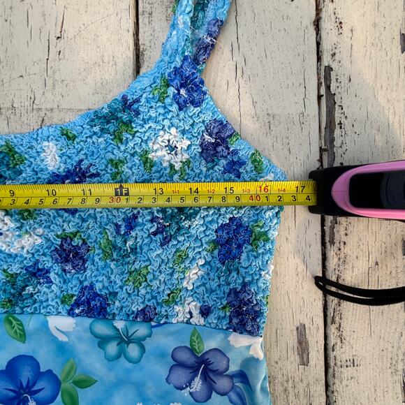 Vintage Y2K Up Front Smocked Mini Dress –‎ Blue Floral Hibiscus Print, Size L - Picture 7 of 11